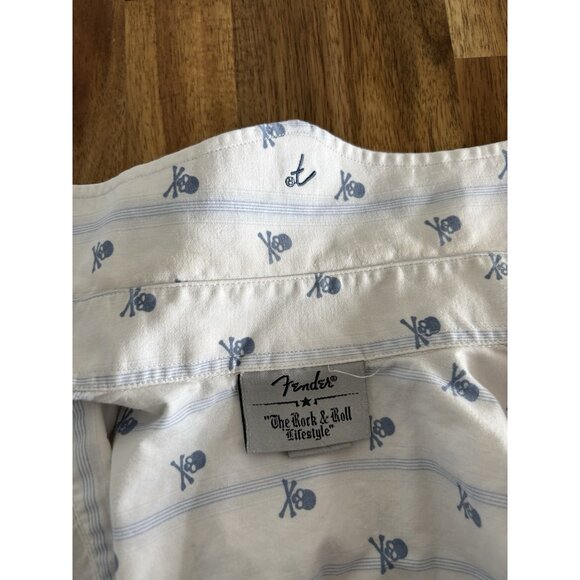 Fender White Button Down Shirt Mens Medium Rock Roll Skulls - Picture 9 of 16